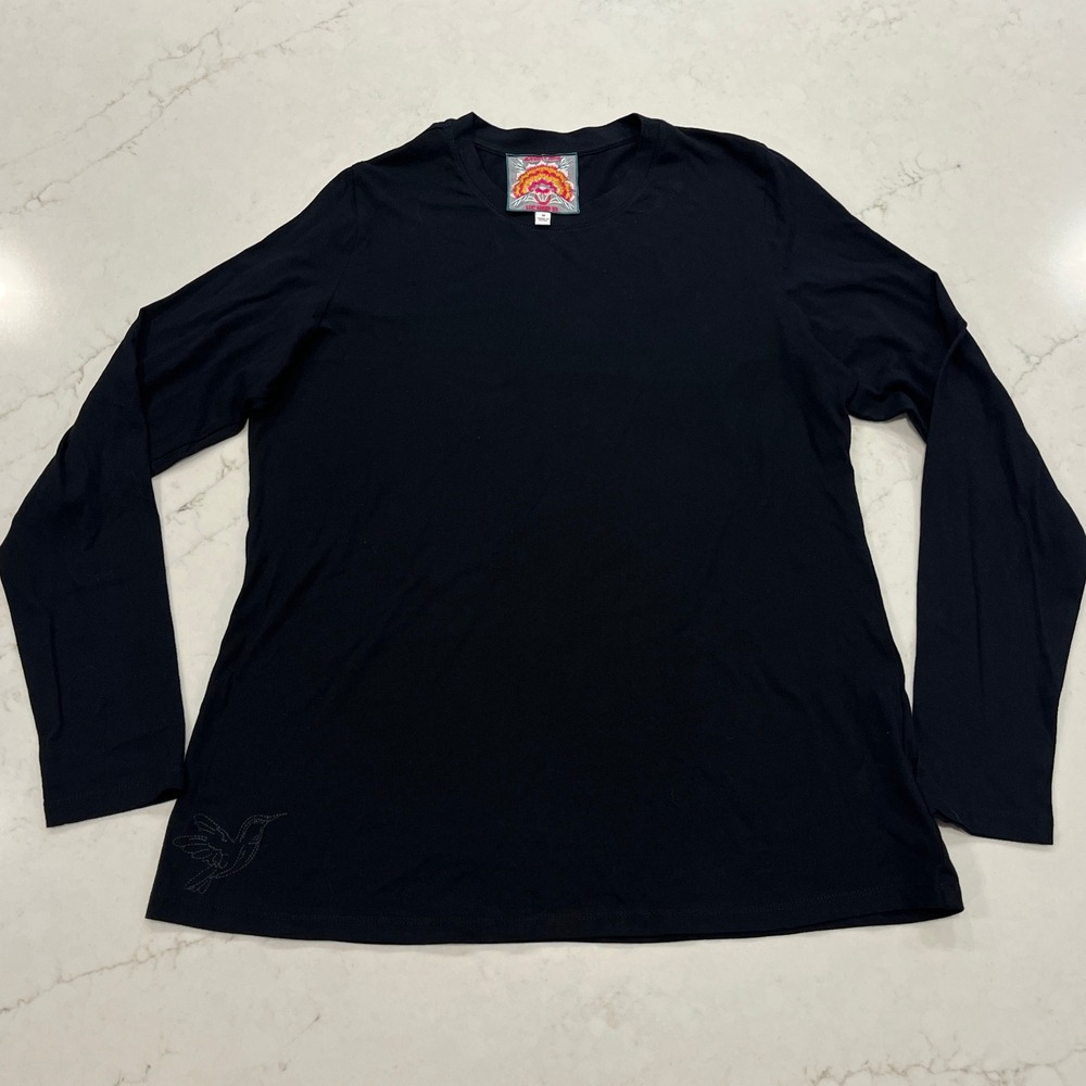 Johnny Was Embroidered Long Sleeve Tee Shirt Womens Medium Black Cotton Bird